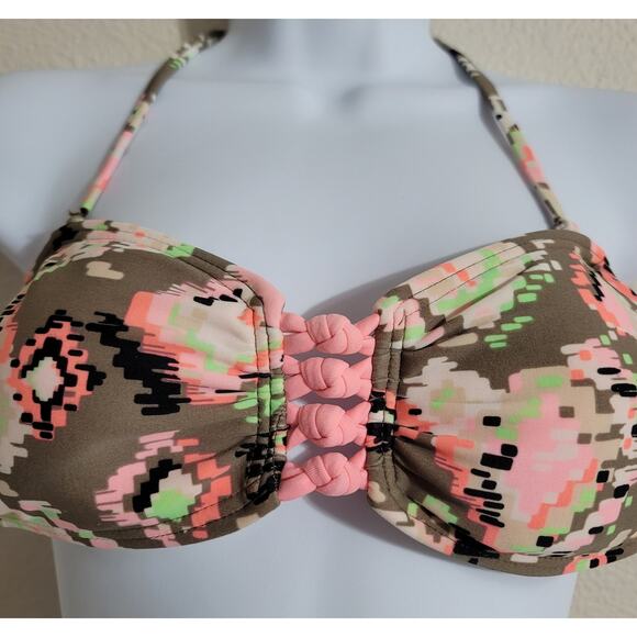 Gossip Tan Orange Geo Print Bandeau Bikini Top Small Padded Braided Sides - Picture 5 of 6